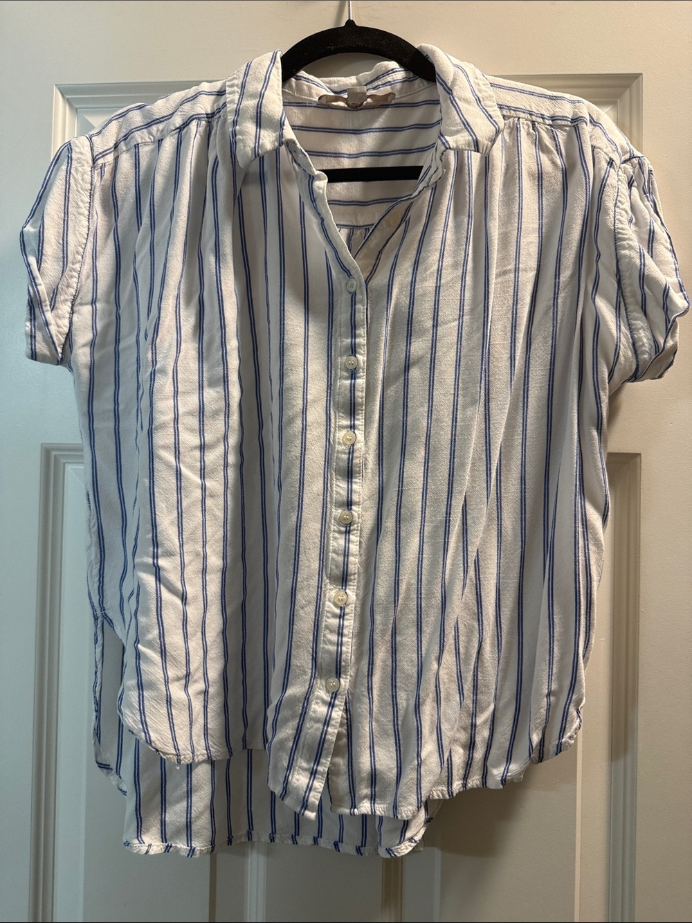 LOFT White Button-Down Shirt with Blue Stripes